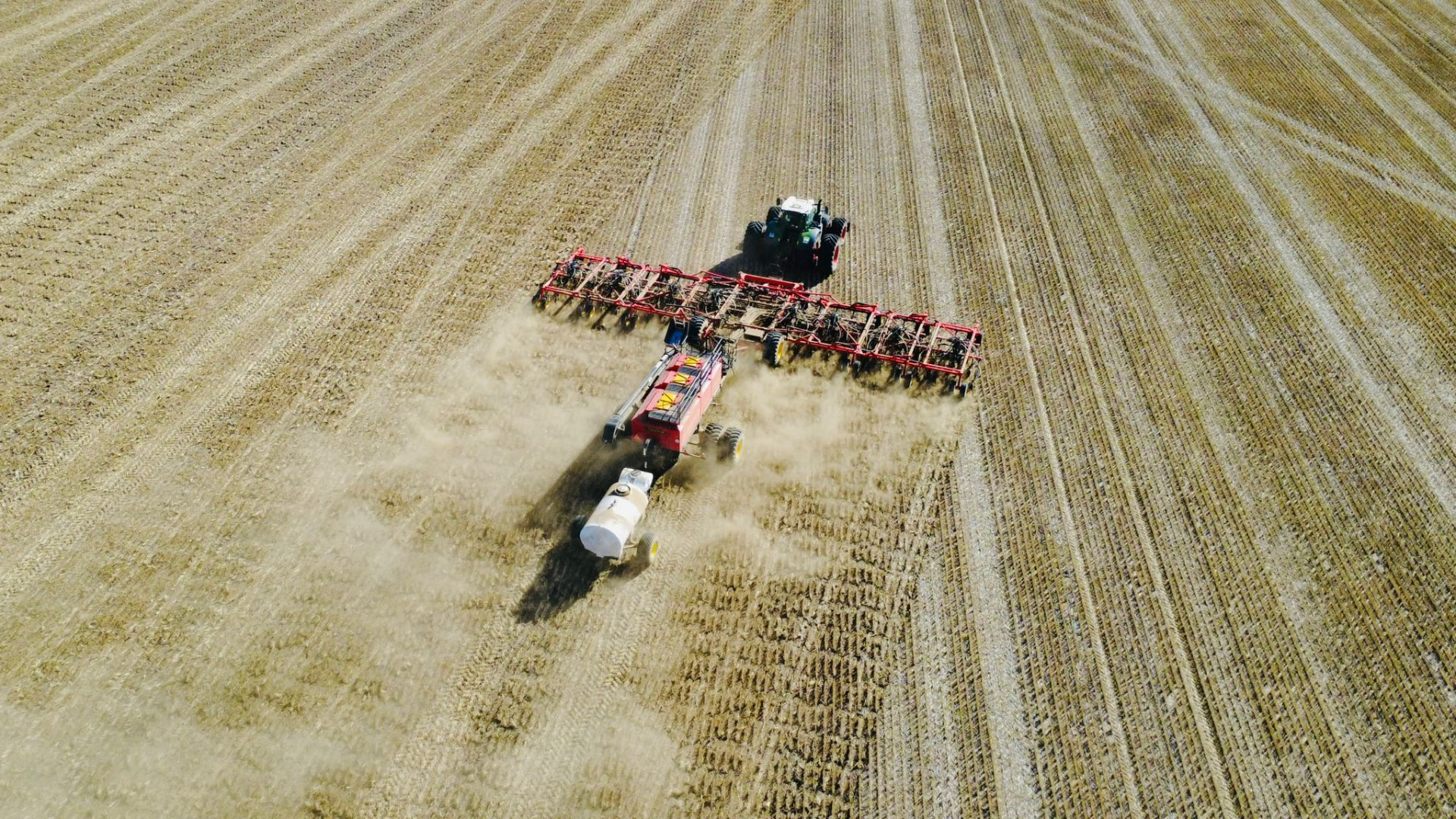 Aerial view of an air seeder working a Western Australian broadacre paddock